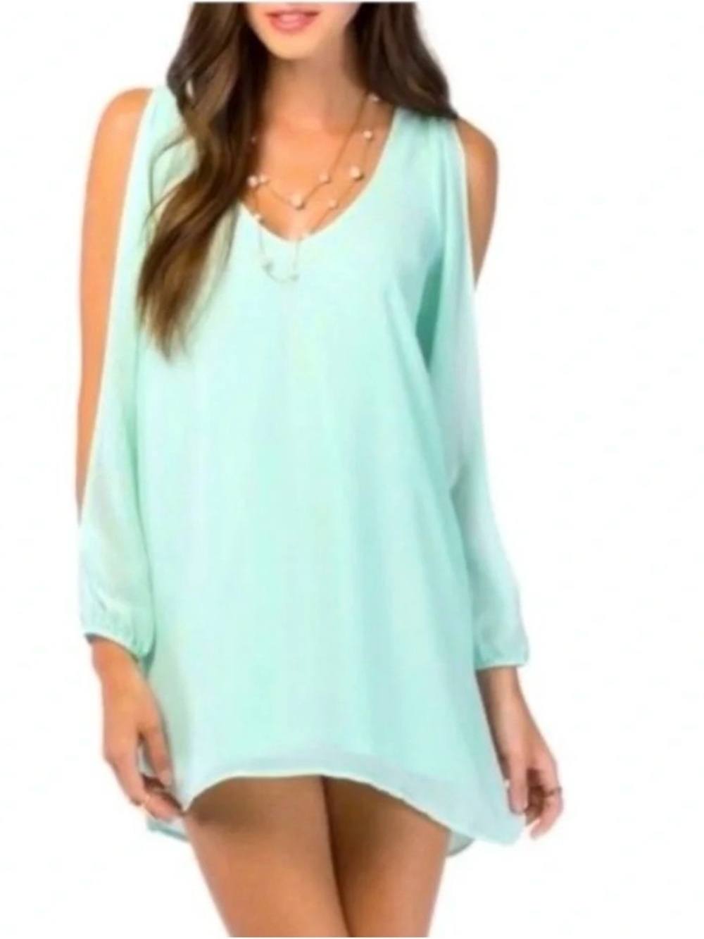 *TOBI* Mint Sheer Long-Sleeve Slit Sleeve V-Neck Dress NWT Size Small